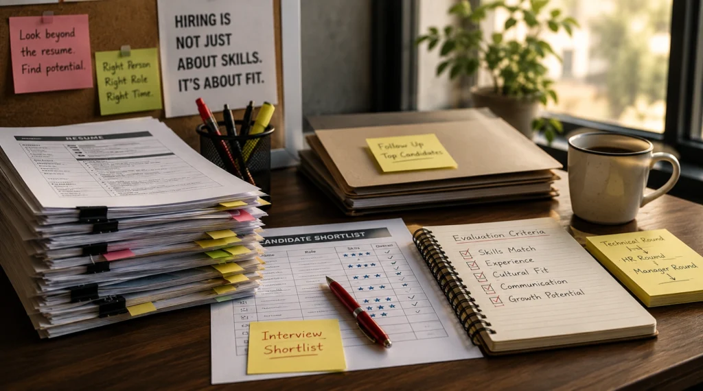 Recruiter evaluating resumes and shortlisted candidates during hiring process