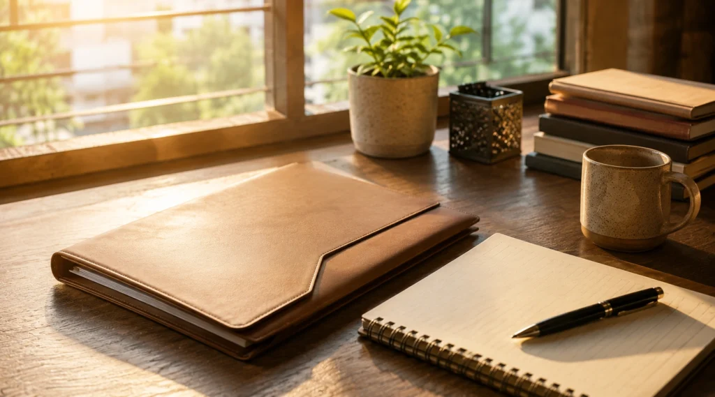 Closed resume folder beside notebook and pen near window with morning sunlight