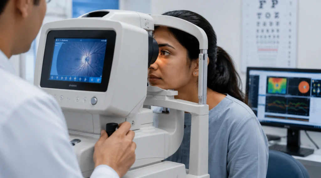 Patient undergoing advanced retinal imaging and optic nerve scanning for glaucoma diagnosis