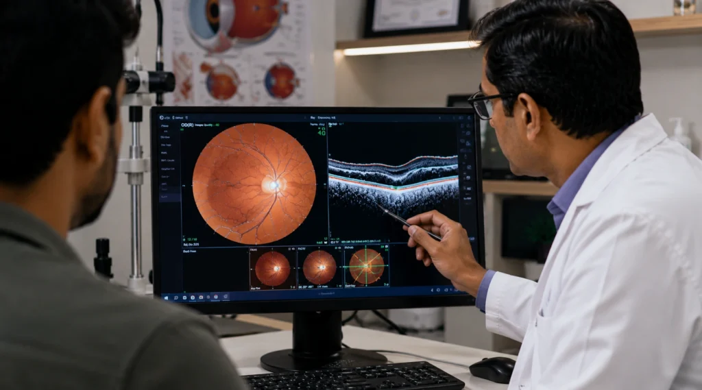 Eye specialist reviewing retinal scan to identify hidden retinal changes