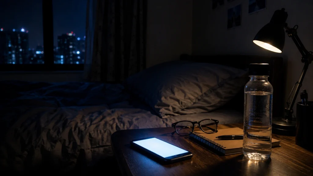 Smartphone glowing beside notebook and glasses during late-night wakefulness in an Indian bedroom.