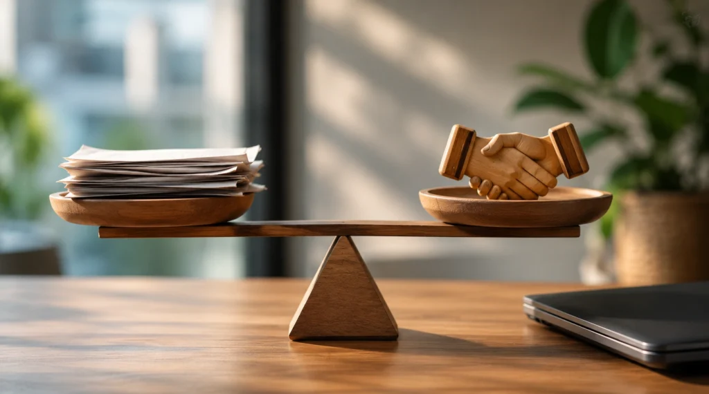 Balance scale comparing paperwork with a handshake symbolizing trust over punishment