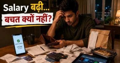Young Indian professional reviewing expenses after salary credit notification, surrounded by bills and subscription costs.
