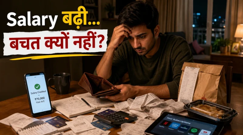 Young Indian professional reviewing expenses after salary credit notification, surrounded by bills and subscription costs.