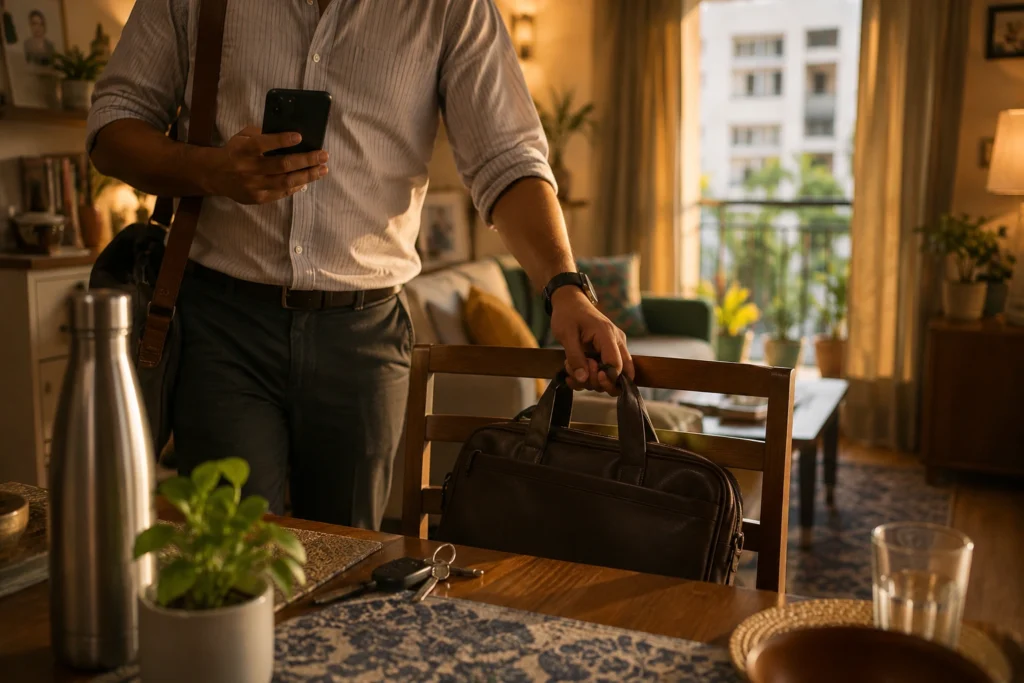 Indian office worker returning home after work while checking smartphone notification in a middle-class apartment.