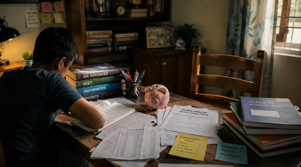 Student study desk with scholarship forms, books and savings representing educational opportunity