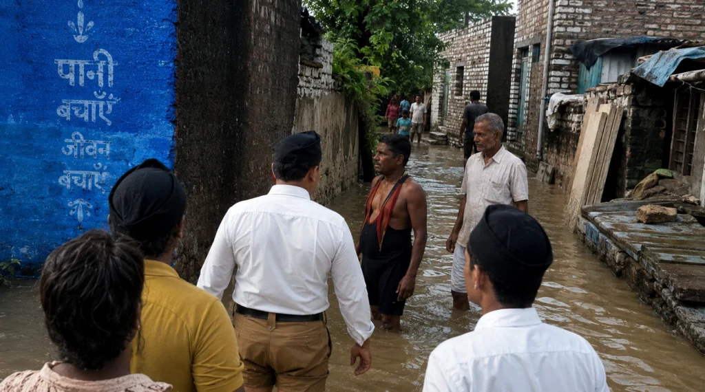 जलभराव प्रभावित क्षेत्र में लोगों से संवाद करते स्वयंसेवक