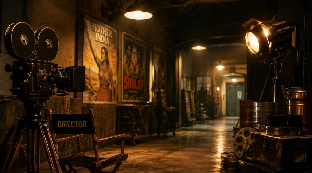 Vintage 1970s film studio atmosphere representing the rise of Shatrughan Sinha in Hindi cinema
