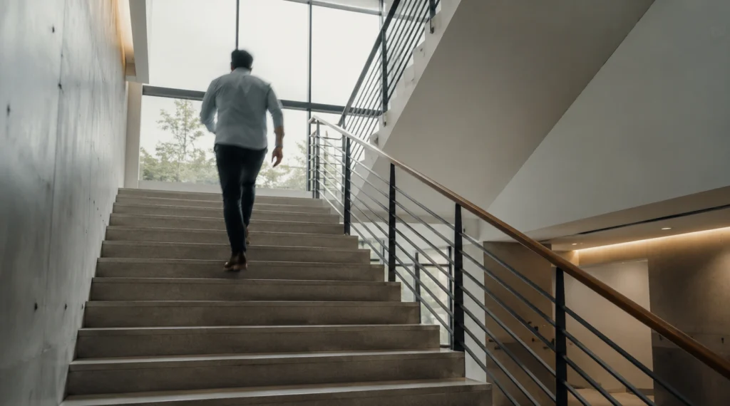 Employee walking up office stairs representing consistent habit building