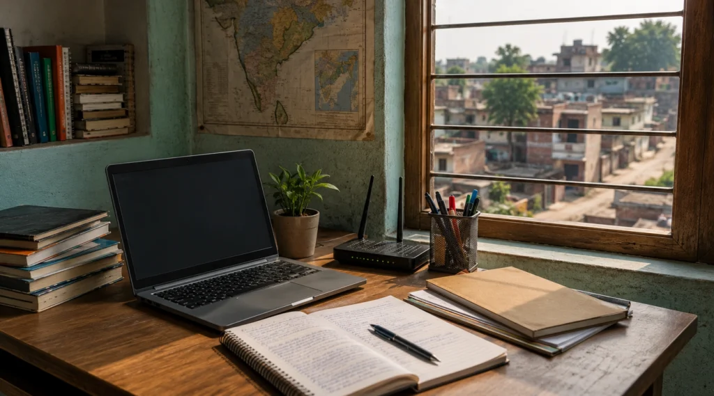 Small-town Indian study room representing global remote work opportunities from local India