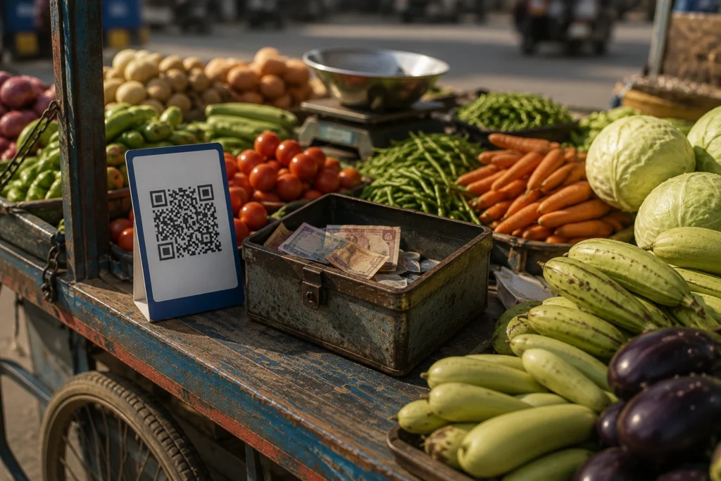 Vegetable vendor cart with QR code stand and cash box, representing India's transition from cash to digital payments.