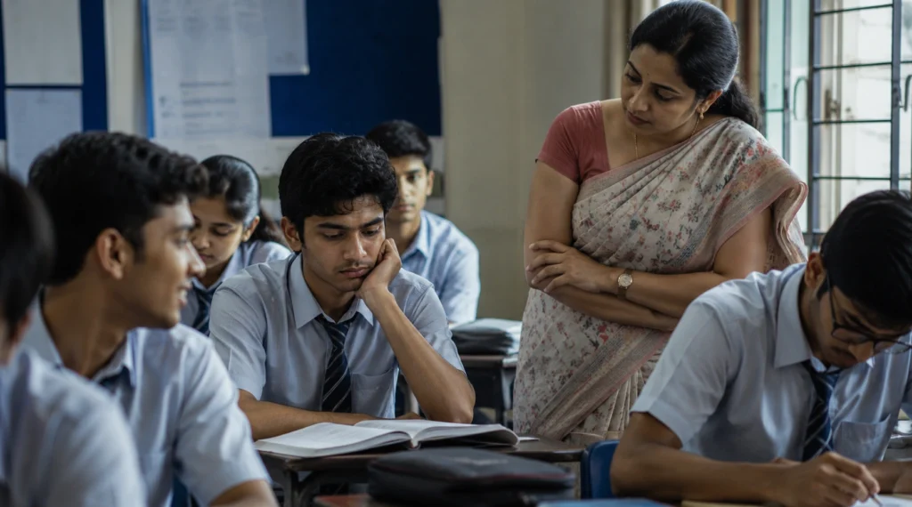 शिक्षिका एक शांत छात्र पर ध्यान देती हुई, व्यवहार में बदलाव की ओर संकेत