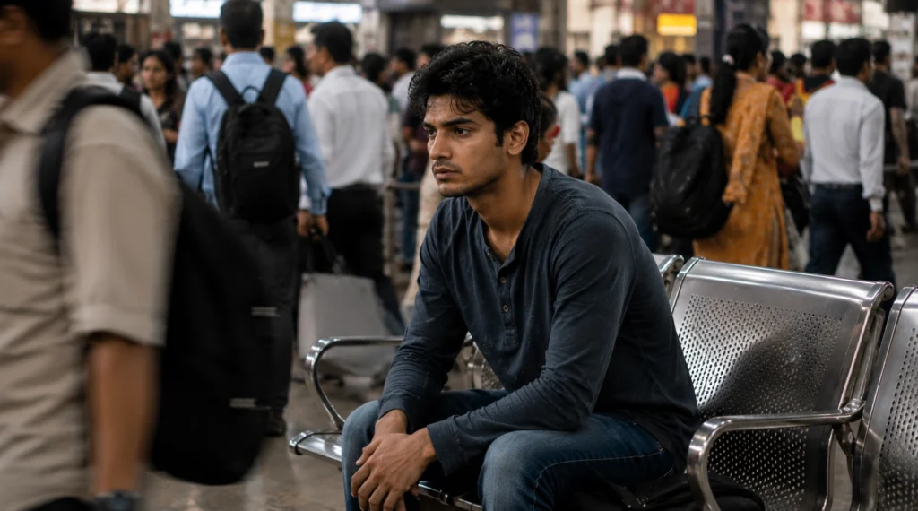 भीड़ के बीच अकेला बैठा युवा मानसिक संघर्ष और भावनात्मक दूरी का प्रतीक