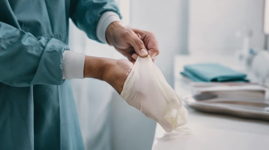Hands removing surgical gloves on a clean clinical surface