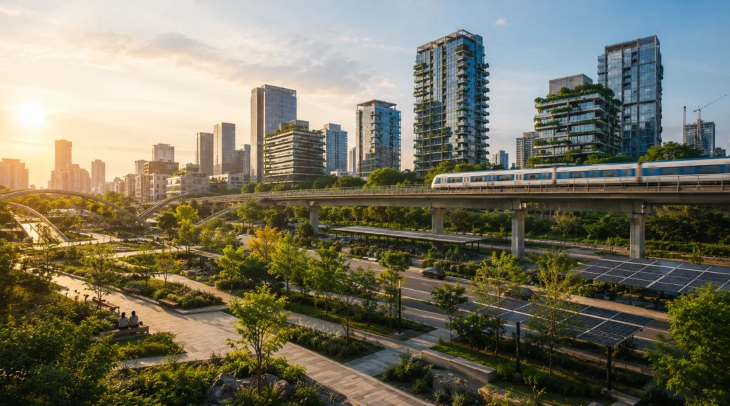 Sustainable future city with green infrastructure and modern urban development