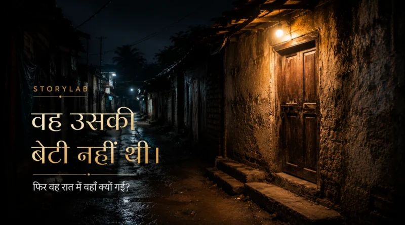 रात के समय एक संकरी बस्ती की गली में बंद दरवाज़ा और उसके ऊपर जलता हुआ बल्ब