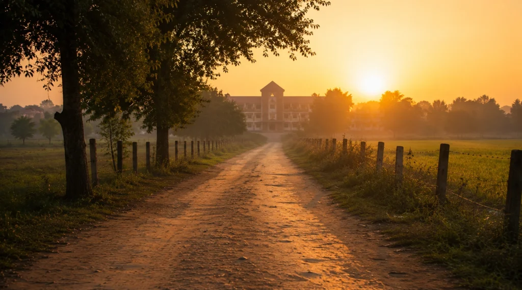 Road leading toward a distant college building symbolizing interrupted educational journeys