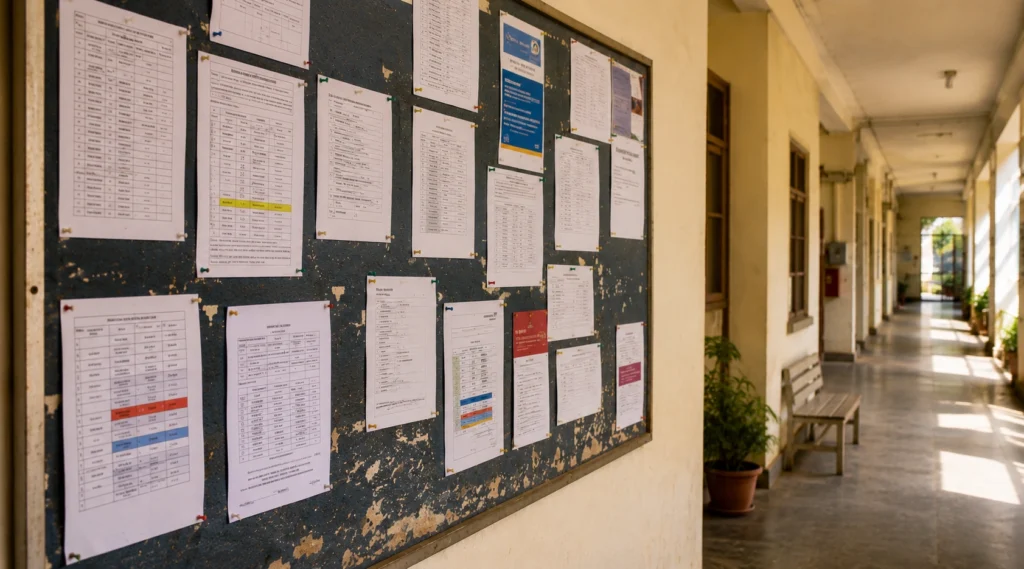 University placement notice board displaying recruitment schedules in an Indian college corridor