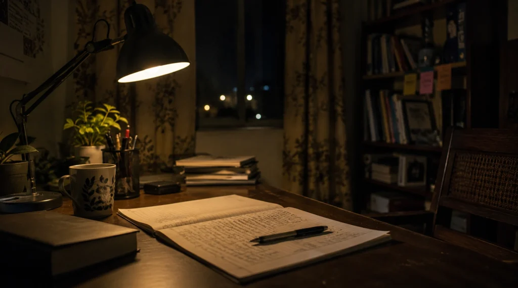 Late night study room with open notebook symbolizing unseen emotional struggles and mental health concerns