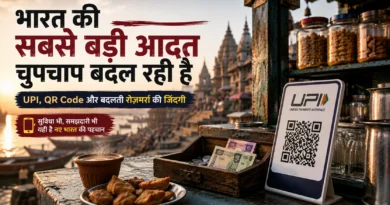Tea stall in Varanasi showing QR code payment stand beside cash box, highlighting India's shift from cash to UPI payments.