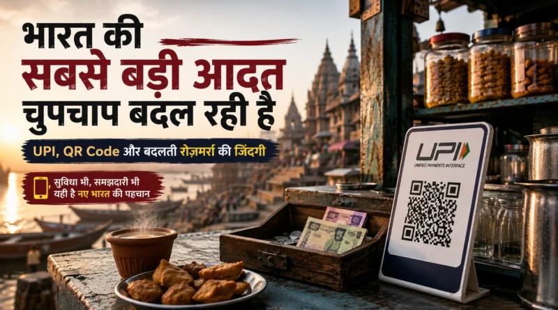 Tea stall in Varanasi showing QR code payment stand beside cash box, highlighting India's shift from cash to UPI payments.