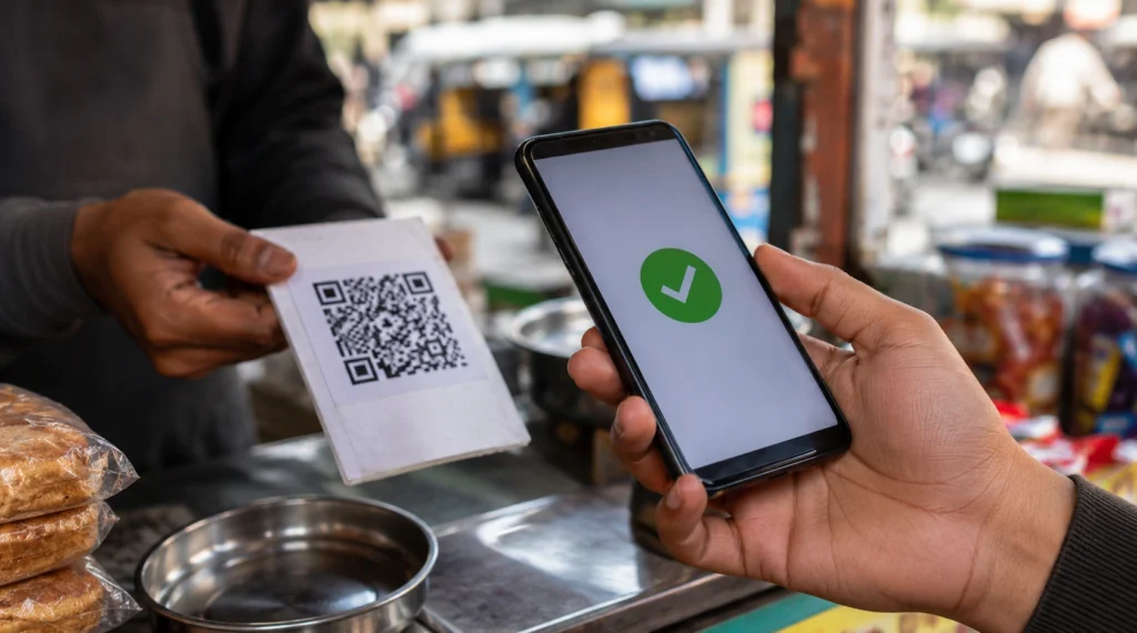 Digital payment through QR code at a local Indian shop representing UPI spending habits.