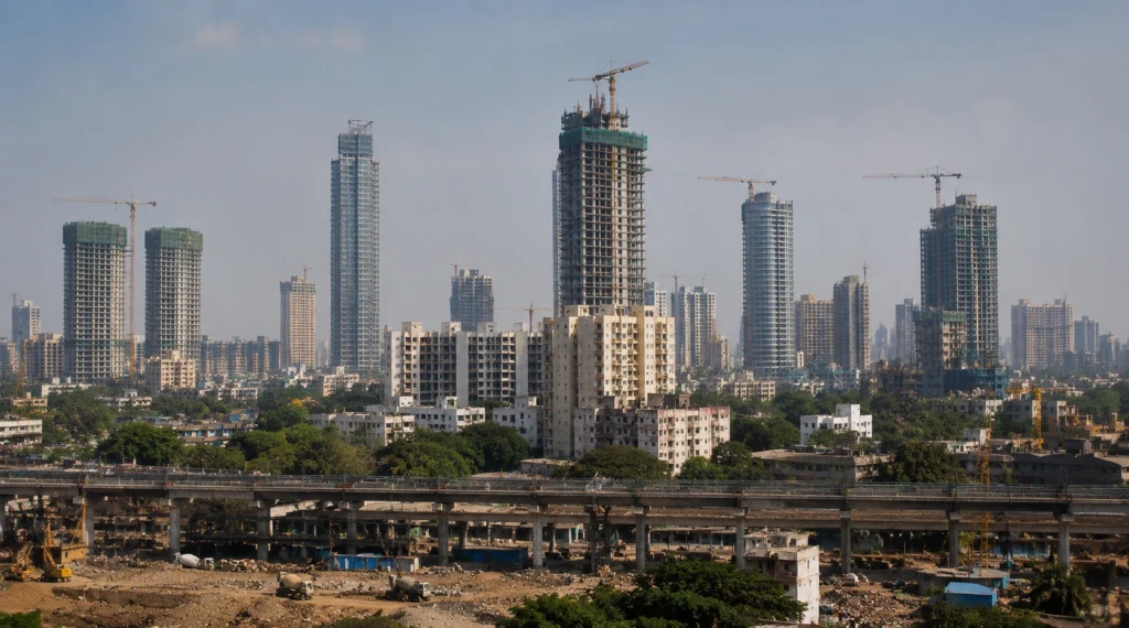 Modern city skyline under development with cranes and ongoing construction