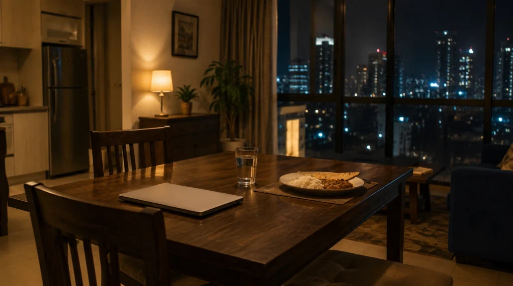Single dinner plate and closed laptop in a modern Indian apartment at night