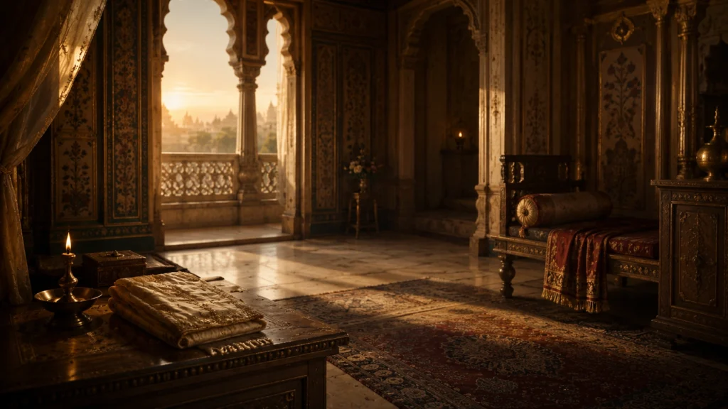 Empty royal chamber symbolizing Urmila's absence and waiting in Ramayana