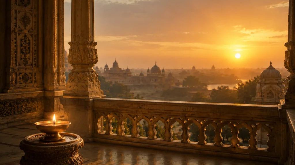 Ancient palace balcony at sunrise with a glowing oil lamp symbolizing patience