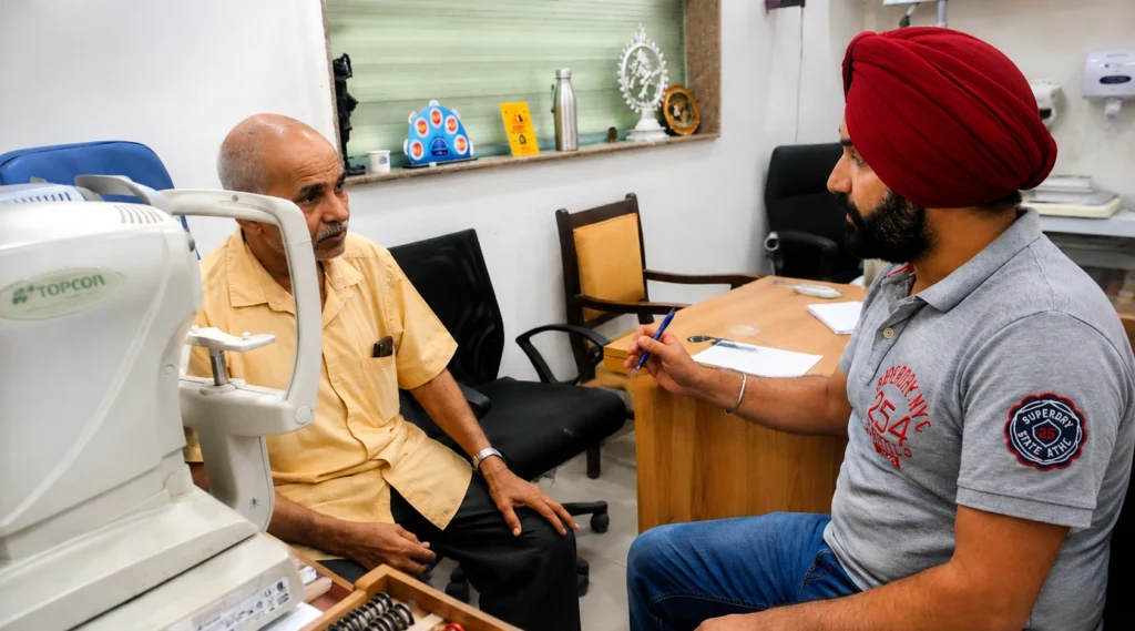 Refractionist Varinder Jeet Singh discussing vision assessment with a patient during a routine eye consultation.