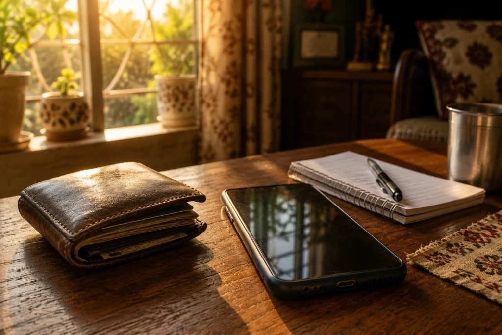 Wallet and smartphone placed on a table near a sunlit window, symbolizing changing financial habits in India.