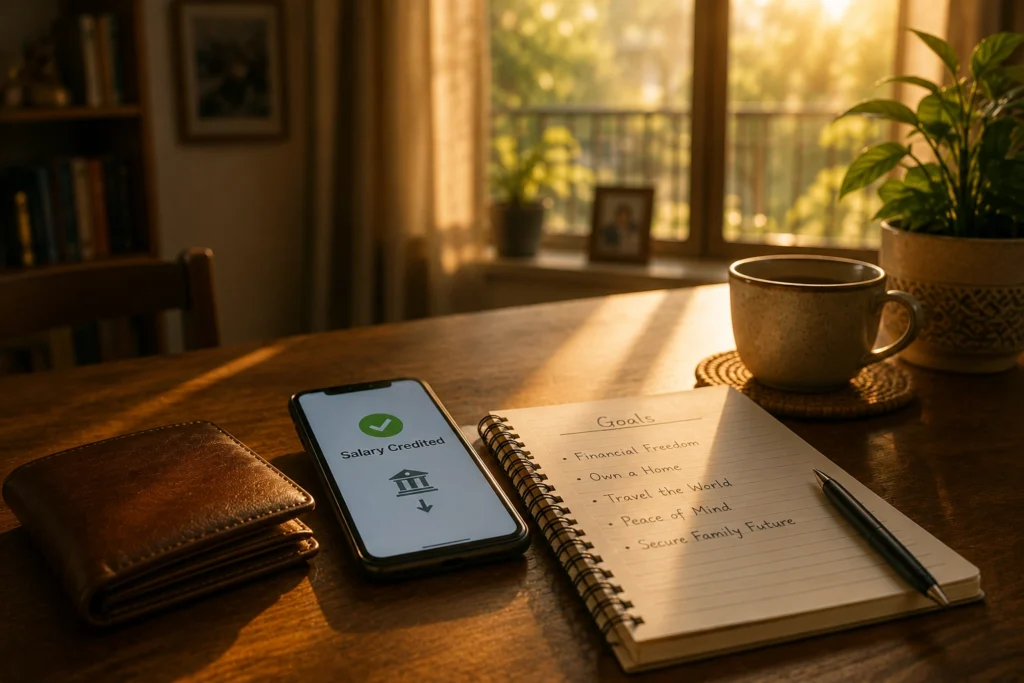 Wallet and smartphone resting beside a notebook near a sunlit window in an Indian home.