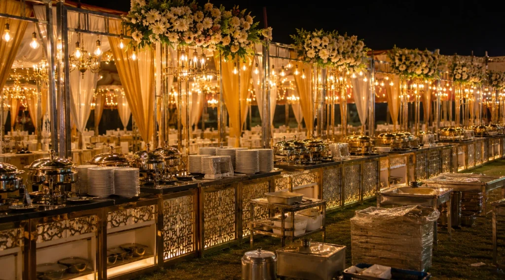 Wedding buffet counters being arranged before guests arrive at an Indian wedding venue
