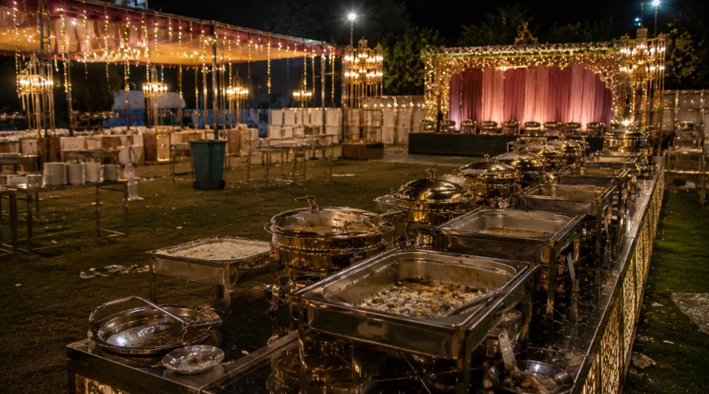 Empty wedding buffet area after the celebration with remaining serving utensils and folded tables