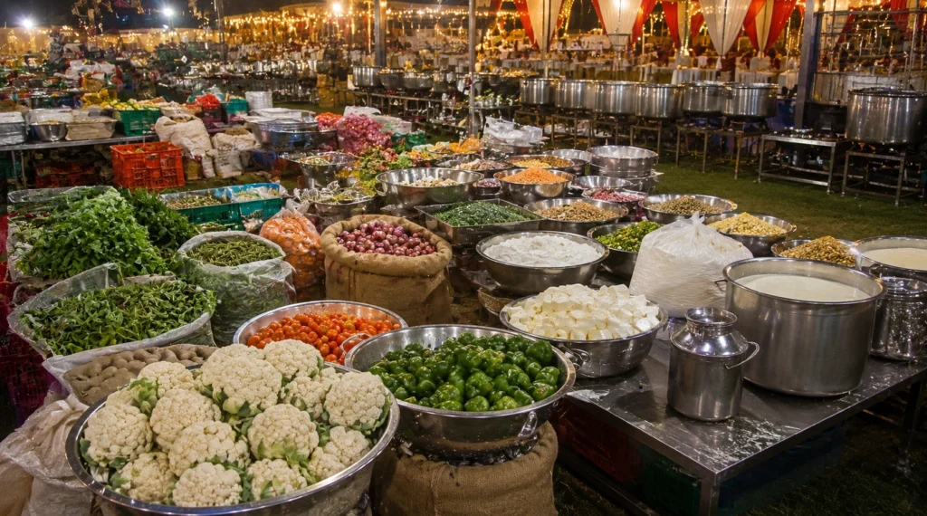 Large-scale wedding catering preparation area with vegetables, dairy products, spices and cooking supplies before an event