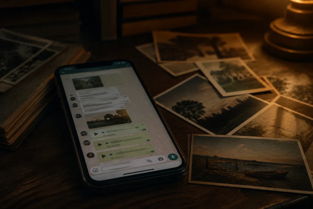 Smartphone displaying archived chats beside old family photographs