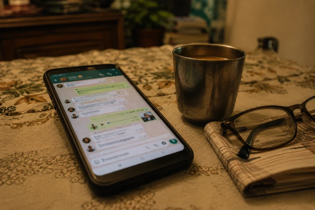 Old family chat visible on a smartphone beside reading glasses and a tea cup