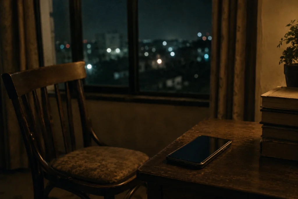 Empty chair beside a table with a smartphone near a window at night