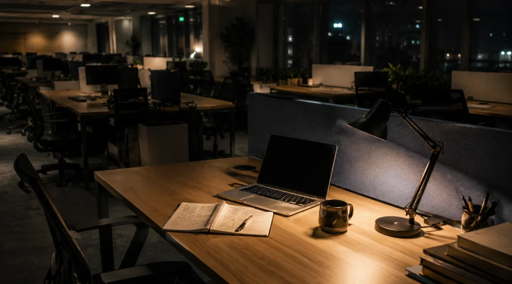 Nearly empty office floor at night with one illuminated workstation symbolizing workplace loyalty and late working culture