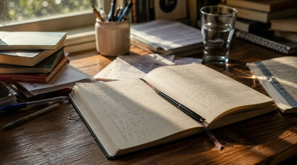 Notebook में लिखे विचार और अध्ययन डेस्क, writing for mental health और self-reflection का प्रतीक