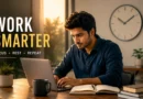 Young Indian professional working with deep focus in a distraction-free workspace, illustrating the 90 Minutes Rule for productivity.