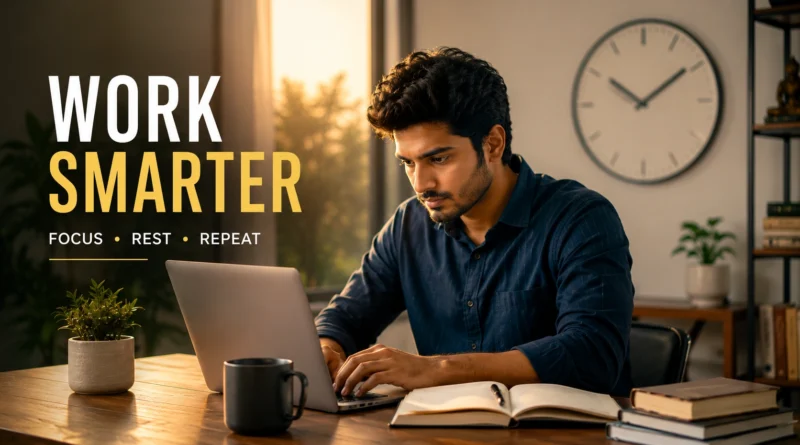 Young Indian professional working with deep focus in a distraction-free workspace, illustrating the 90 Minutes Rule for productivity.