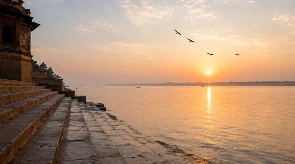 Peaceful Indian riverside at sunrise representing acceptance, hope and emotional healing.