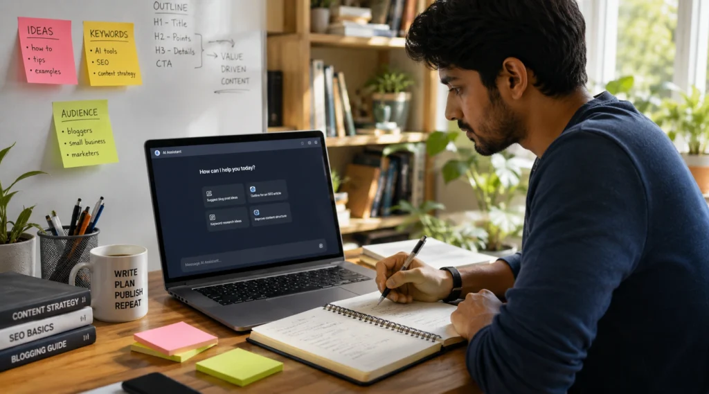 Indian blogger planning an SEO article using AI with ideas, keywords and audience research