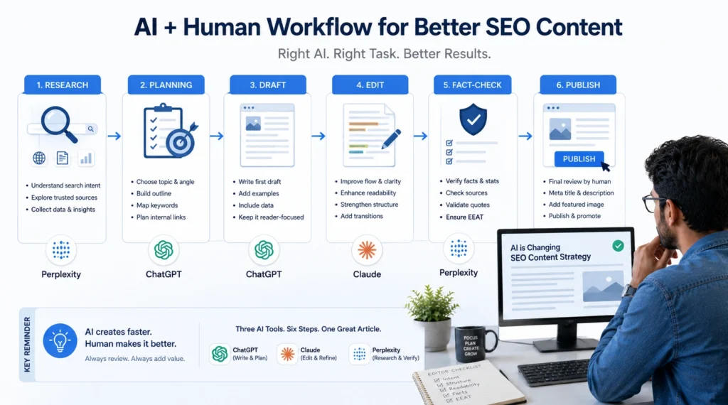 AI SEO workflow showing Research, Planning, Draft, Edit, Fact-check and Publish