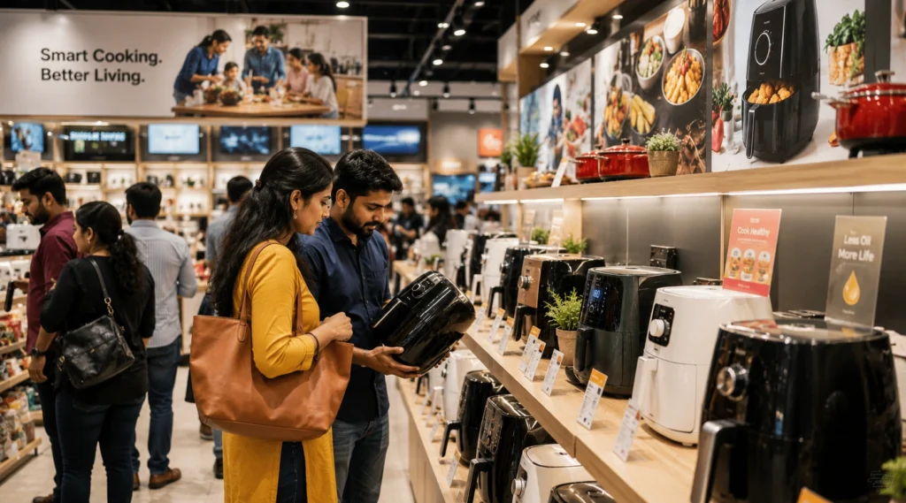 Customers exploring Air Fryers inside a modern electronics and home appliance store in India