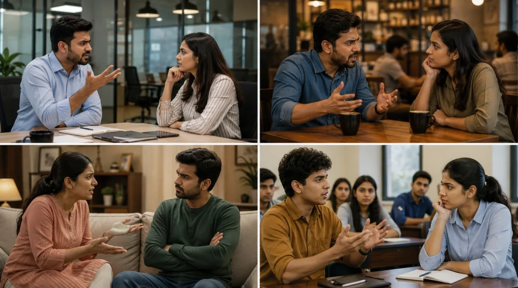 Four everyday disagreement situations showing office, café, home and classroom conversations in India.