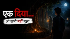 An old banyan tree at night with a glowing earthen lamp and the faint silhouette of an elderly woman holding another lamp.