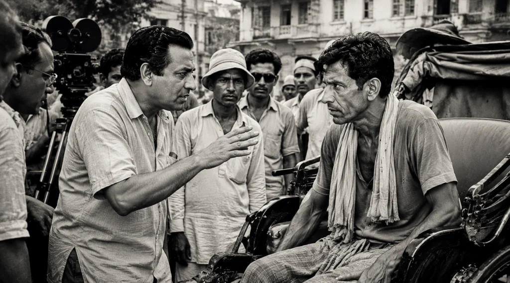 Editorial illustration of director Bimal Roy discussing a scene during the making of Do Bigha Zamin.